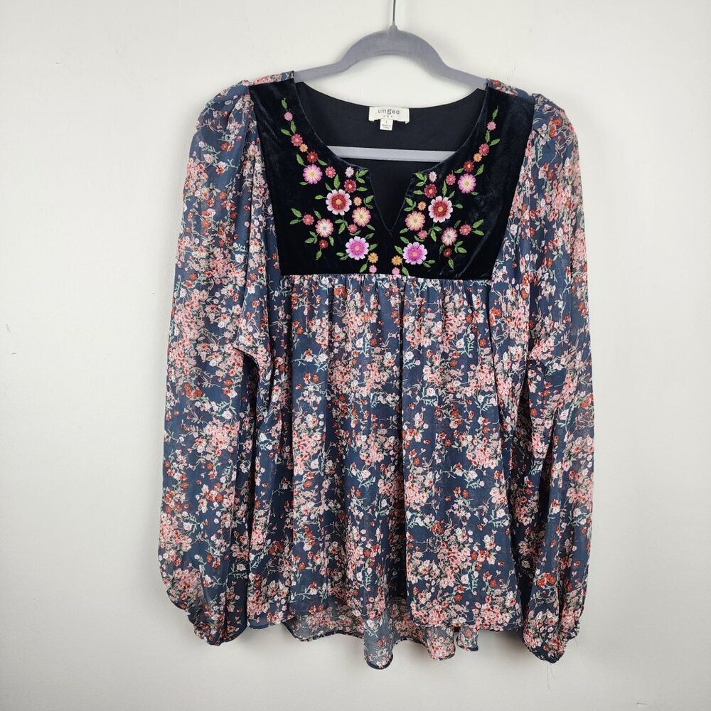 Boho - chic Umgee top blouse sz L floral embroidery on velvet yoke
